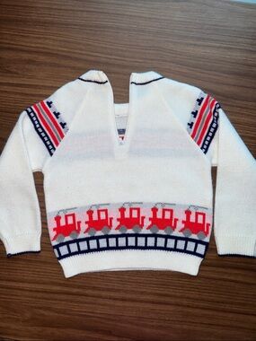 Vintage White Kids Sweater with Red and Navy Train Motif